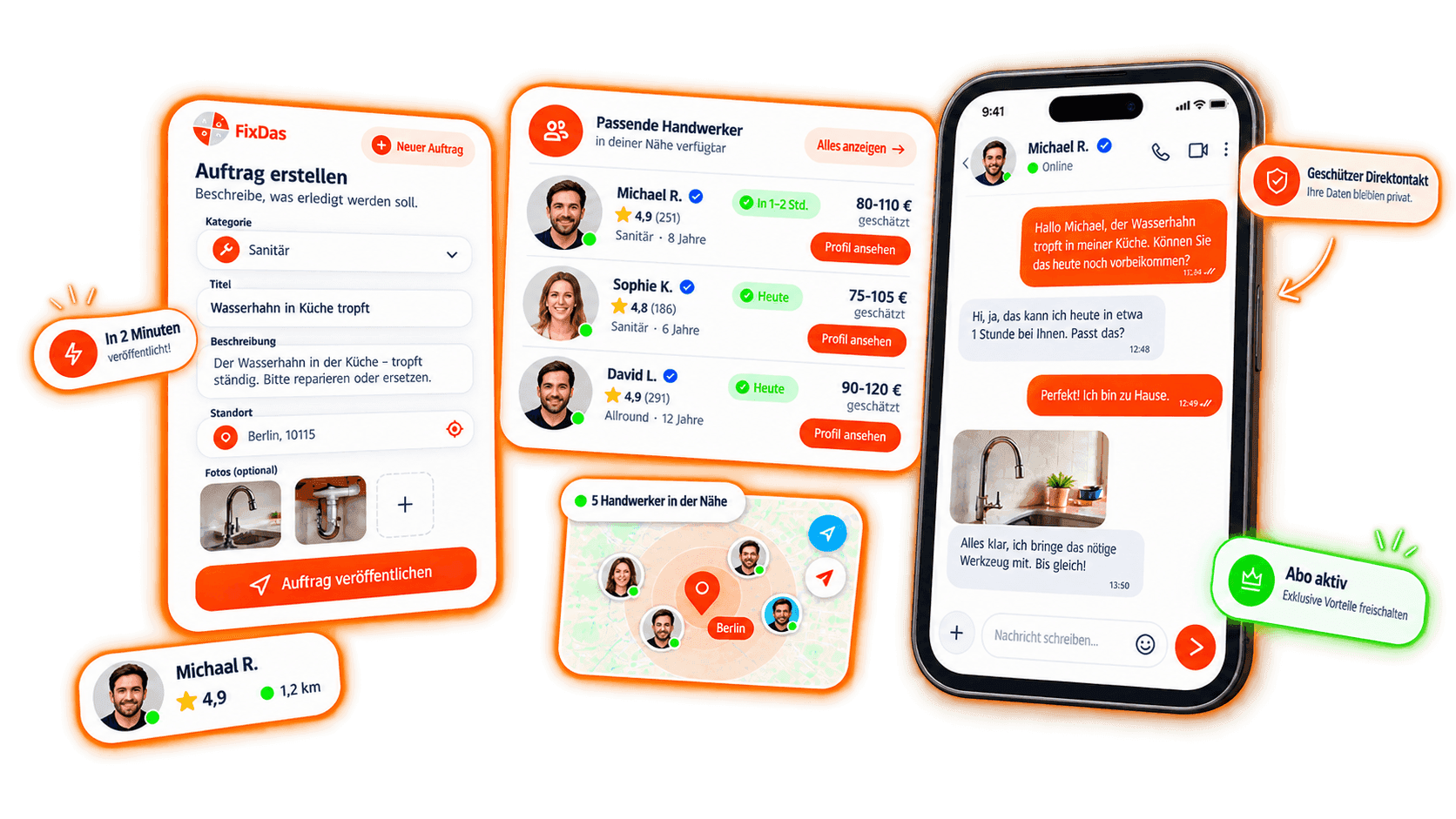 FixDas marketplace interface showing job posting, local matching, and messaging